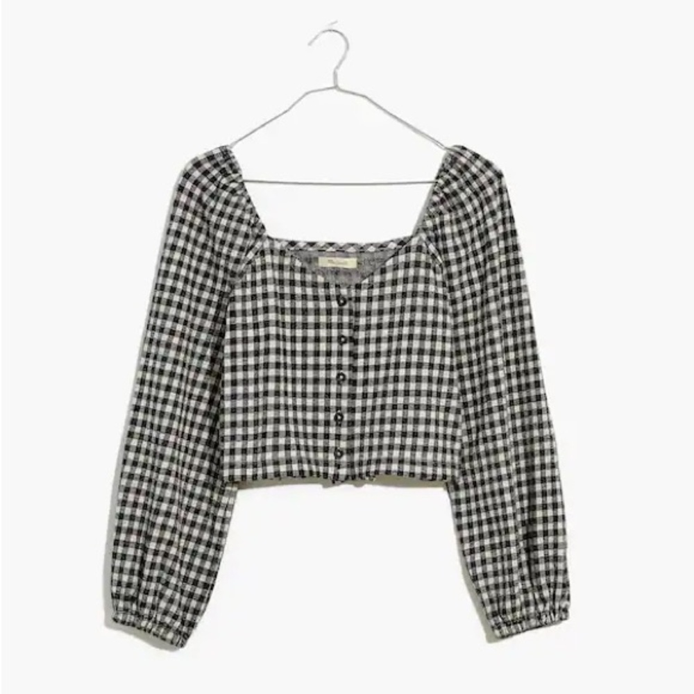 Madewell | Gingham Puff-Sleeve Button-Front Crop Top